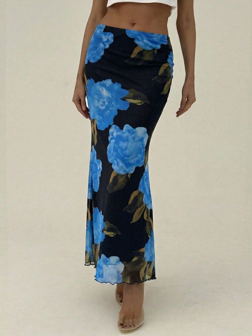 Multicolor Boho Women's Romantic Holiday Floral Print Elastic Mesh Skirt